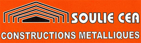 Logo Soulie CEA Lédergues avec structure métallique noire sur fond orange, texte constructions métalliques,